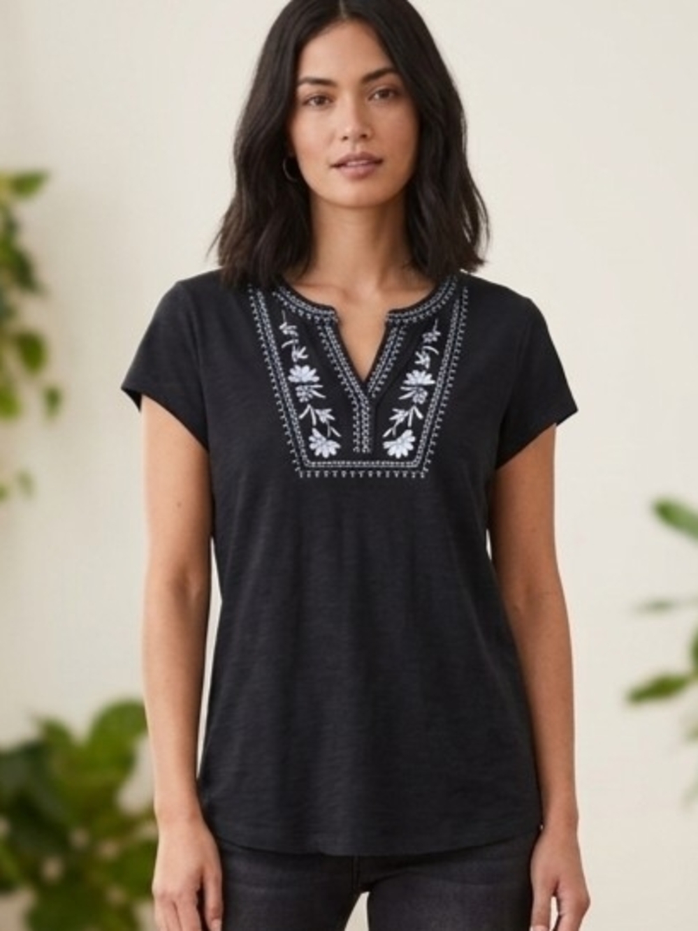 Talbots Black Short-Sleeve Tee with White Embroidered V-Notch Size Med